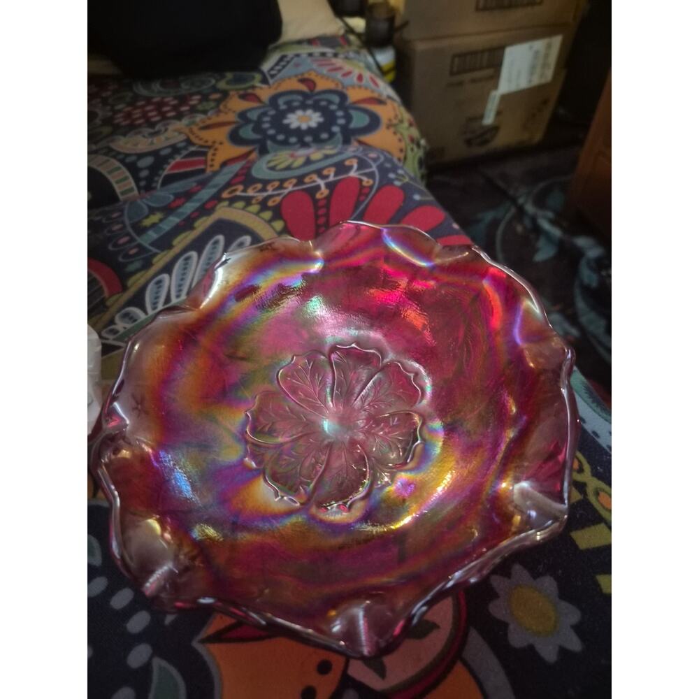 Vintage Imperial Carnival Glass Sunset Ruby Red Acanthus In Leaf Design...